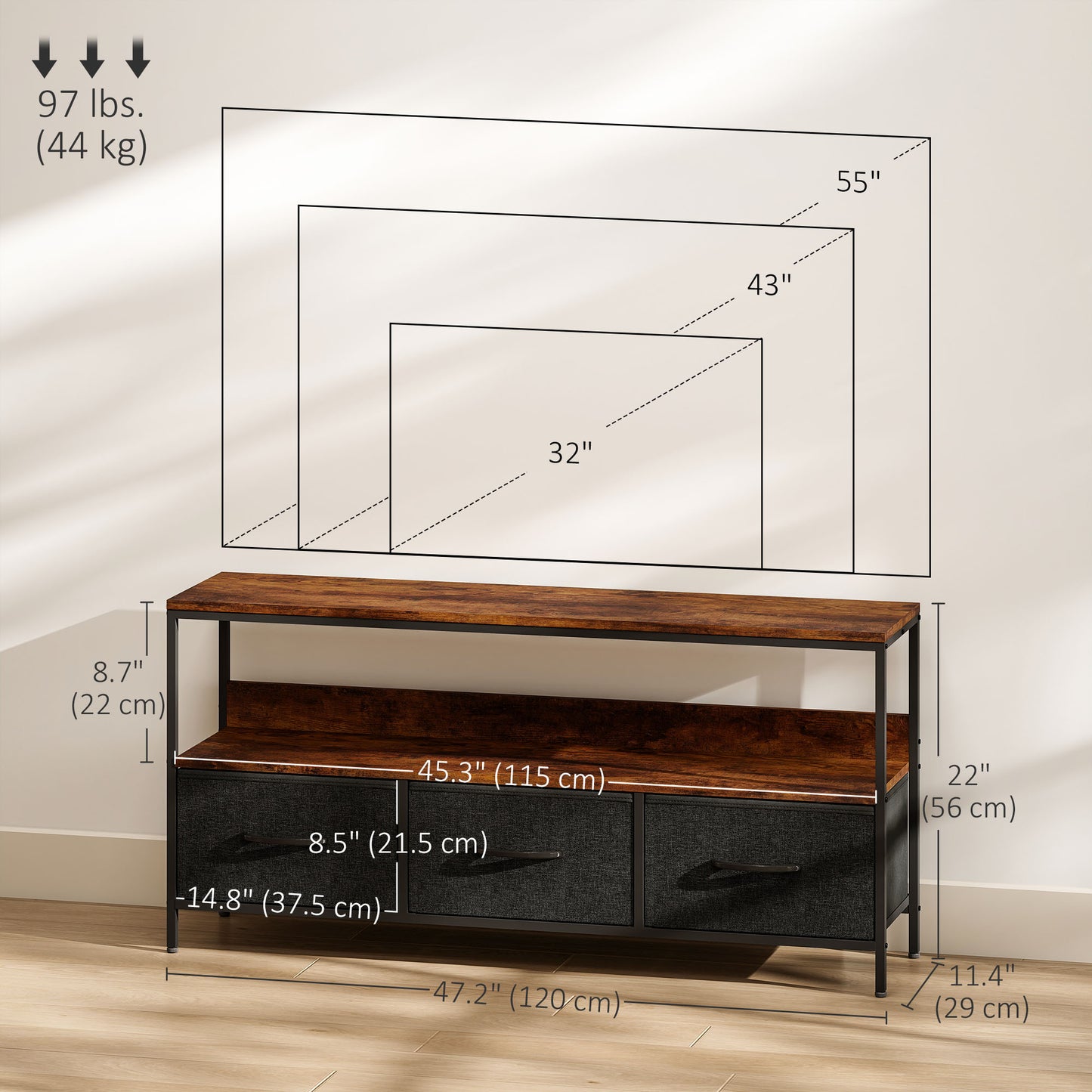 TV Stand with Charging Station, TV Table with 3 Foldable Linen Drawers and Open Shelf for 55 Inch Television, Rustic Bro