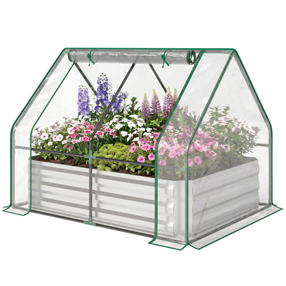 Steel Outdoor Raised Garden Bed with Greenhouse,Cover, Roll Up Door, Dual Use, 50"x37.4"x36.2", Clear