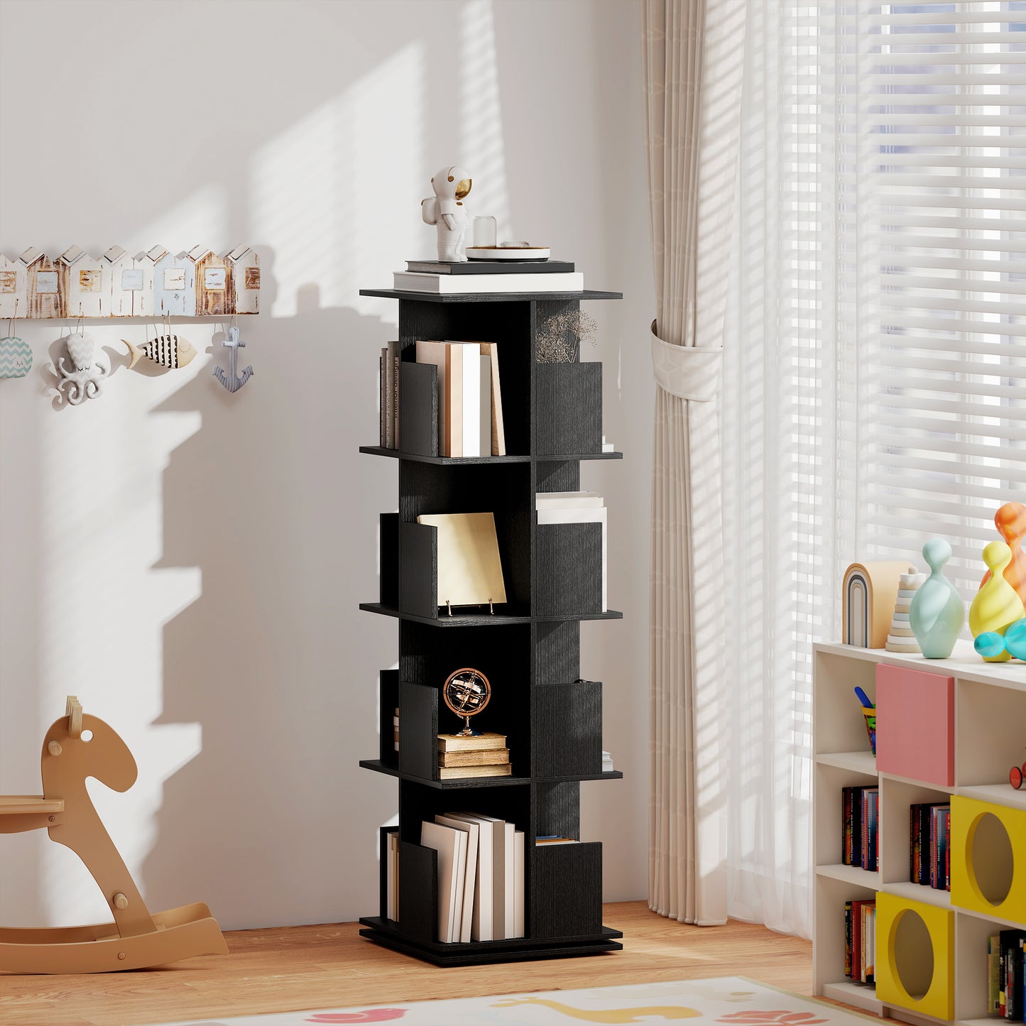 360° Rotating Bookcase with Anti-Tipping Straps, Anti-Slip Foot Pads, 4 Tier Bookshelf with 16 Cubbies for Books, Plants