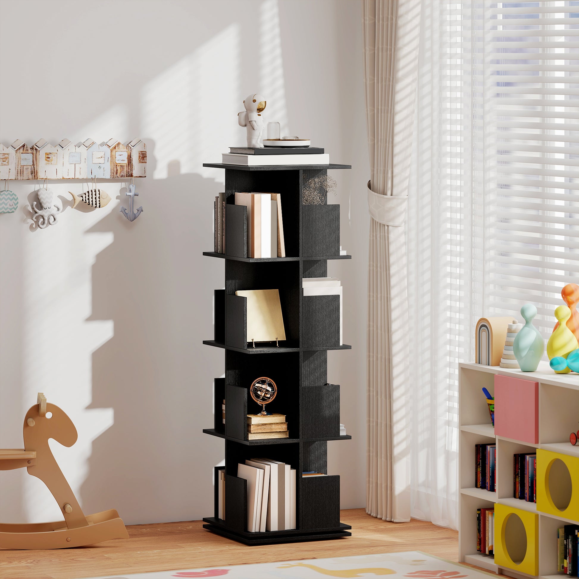 360° Rotating Bookcase with Anti-Tipping Straps, Anti-Slip Foot Pads, 4 Tier Bookshelf with 16 Cubbies for Books, Plants