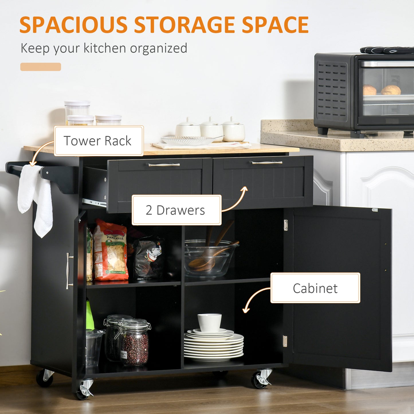 Rolling Kitchen Island, Kitchen Cart on Wheels with 2 Storage Drawers, 2 Door Cabinets and Towel Rack for Dining Room (B