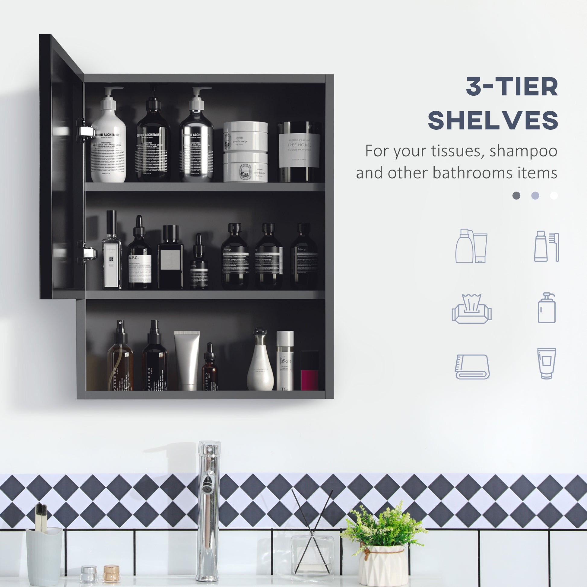 Bathroom Medicine Cabinet, Wall-Mounted Mirror Cabinet with Single Door, Storage Shelves and Stainless Steel Frame for L