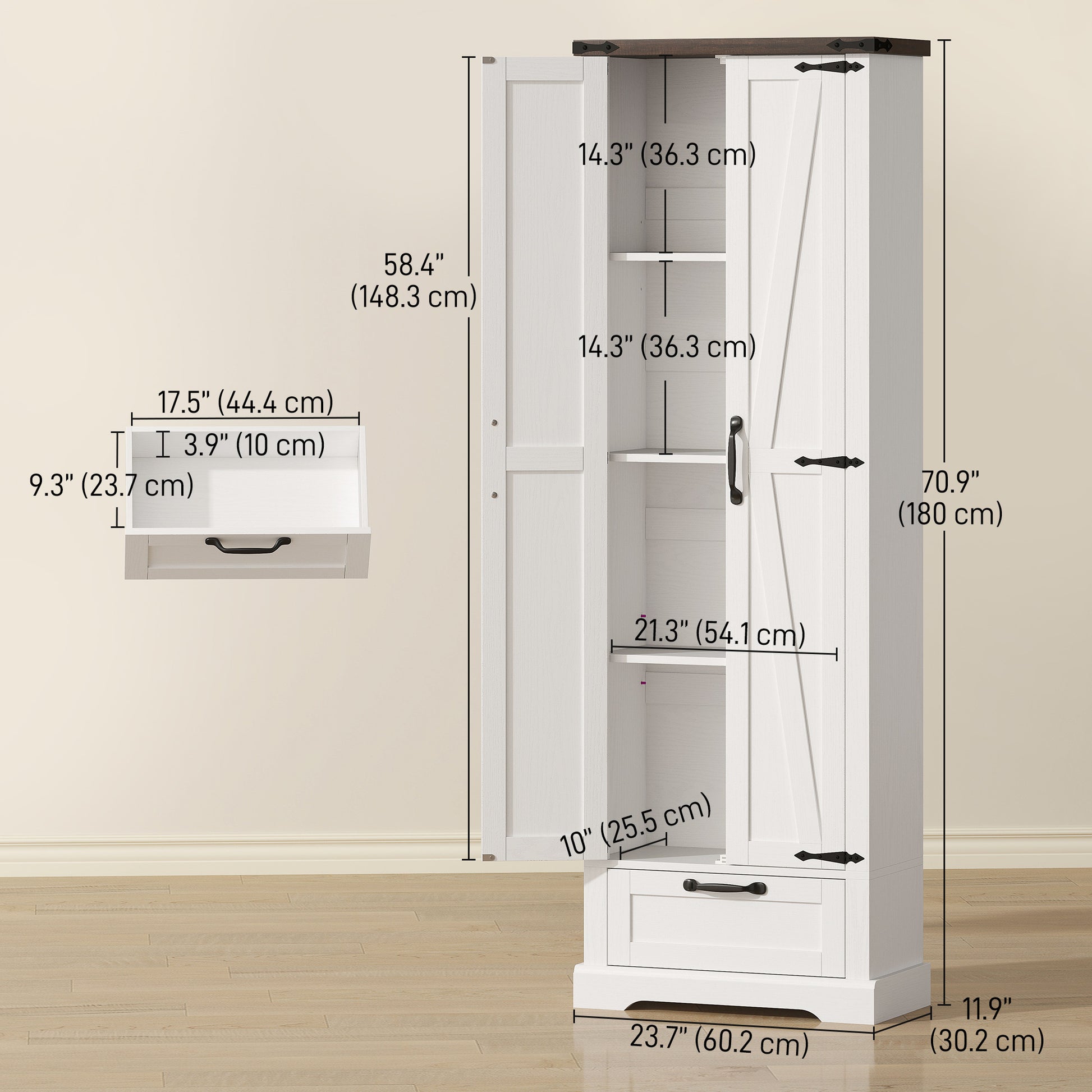 71" Pantry Cabinet, Kitchen Storage Cabinet with Adjustable Shelves, 2 Doors and Drawer for Dining Room, White