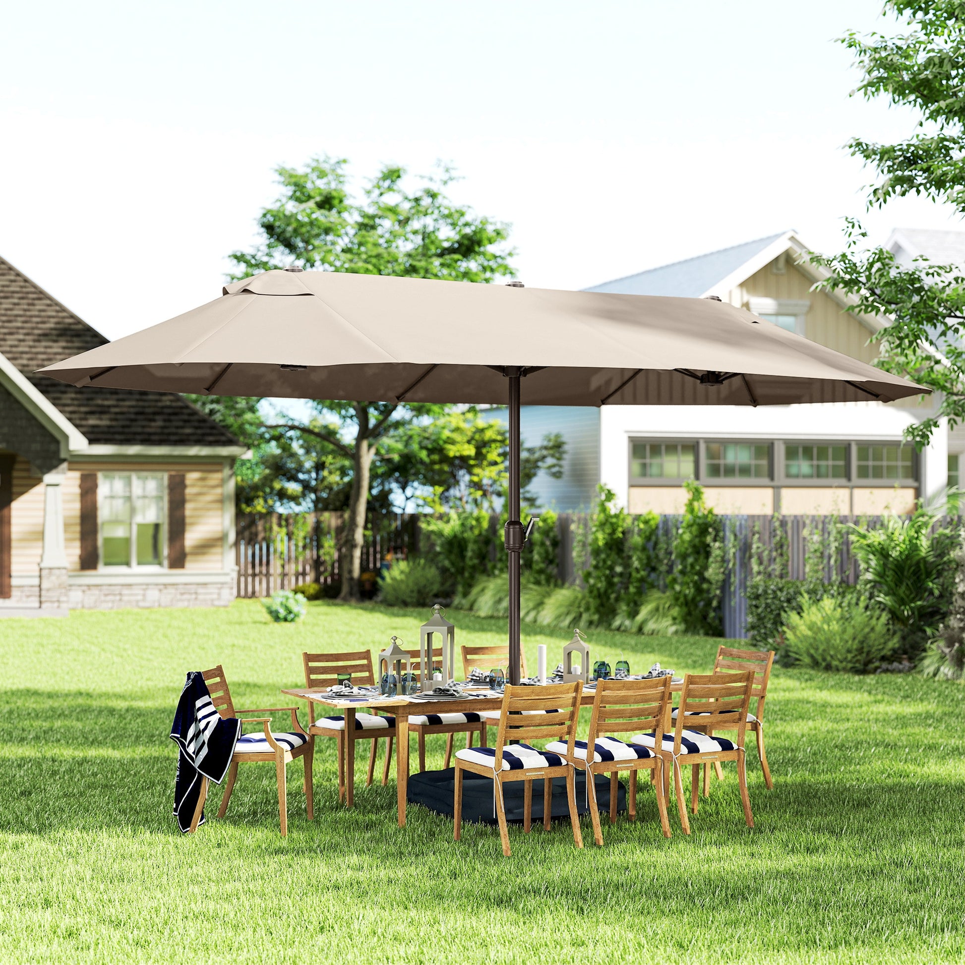 15 ft Double-Sided Patio Umbrella with Crank, Cross Base and Sandbag - Khaki - Image 7