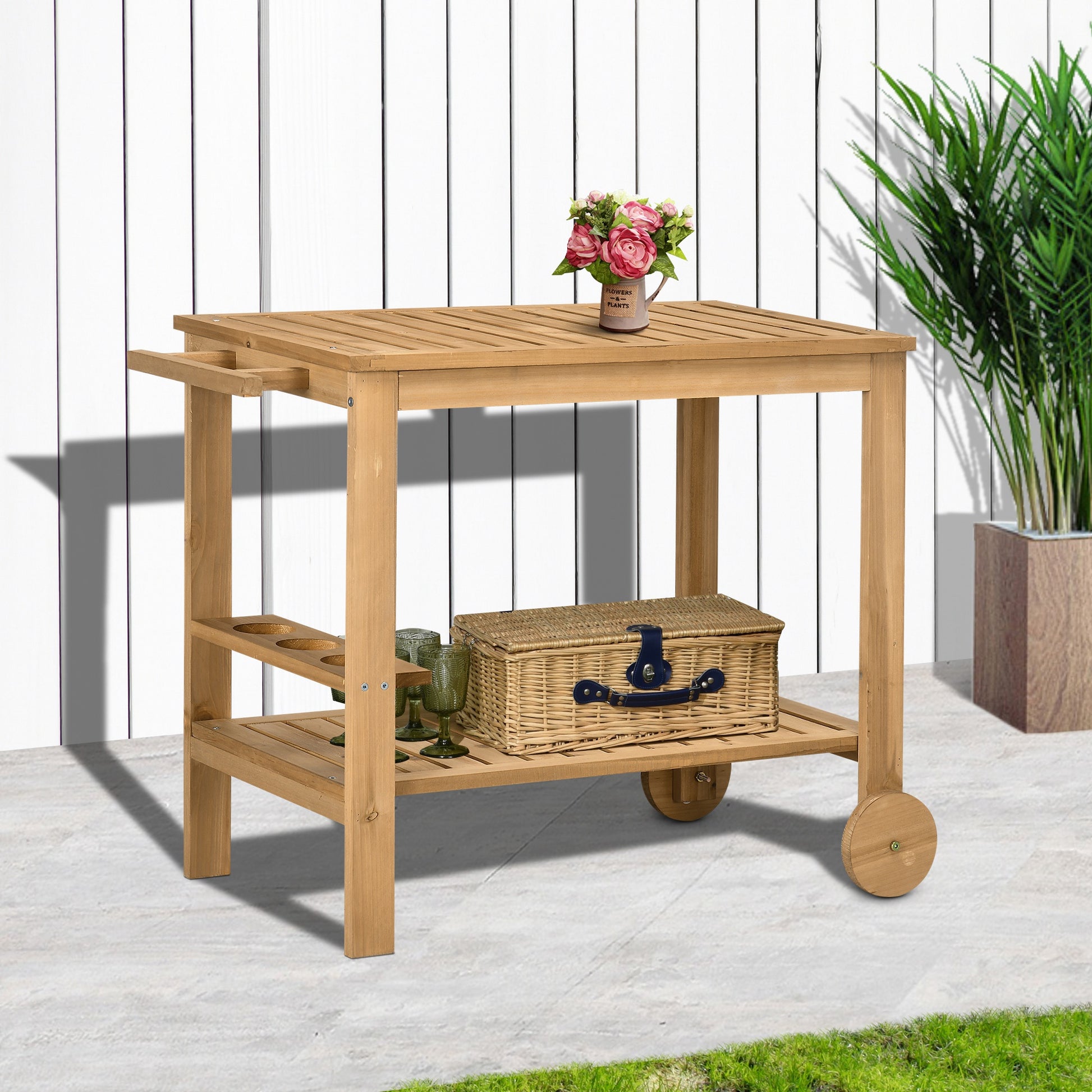 Outdoor Bar Cart, Wood Rolling Home Bar & Serving Cart with 2 Shelves, Wine Bottle Holders for Garden, Dining Room, Natu