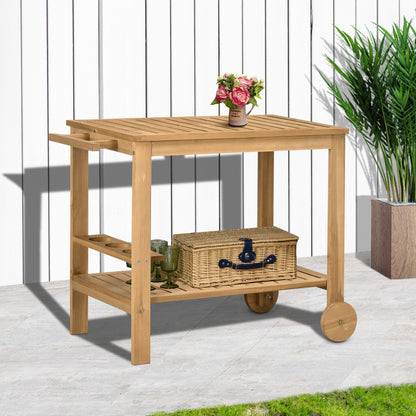Outdoor Bar Cart, Wood Rolling Home Bar & Serving Cart with 2 Shelves, Wine Bottle Holders for Garden, Dining Room, Natu