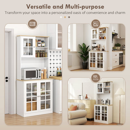 Kitchen Buffet with Hutch, Storage Pantry with 3 Cabinets, 2 Open Shelves and Large Countertop, White