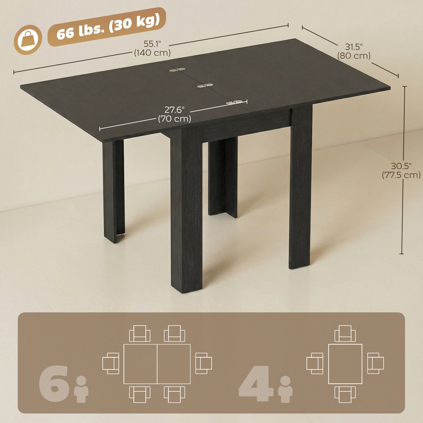 55" Extendable Dining Table for 4-6, Kitchen Table with Steel Slides and Felt Pads for Small Spaces, Black