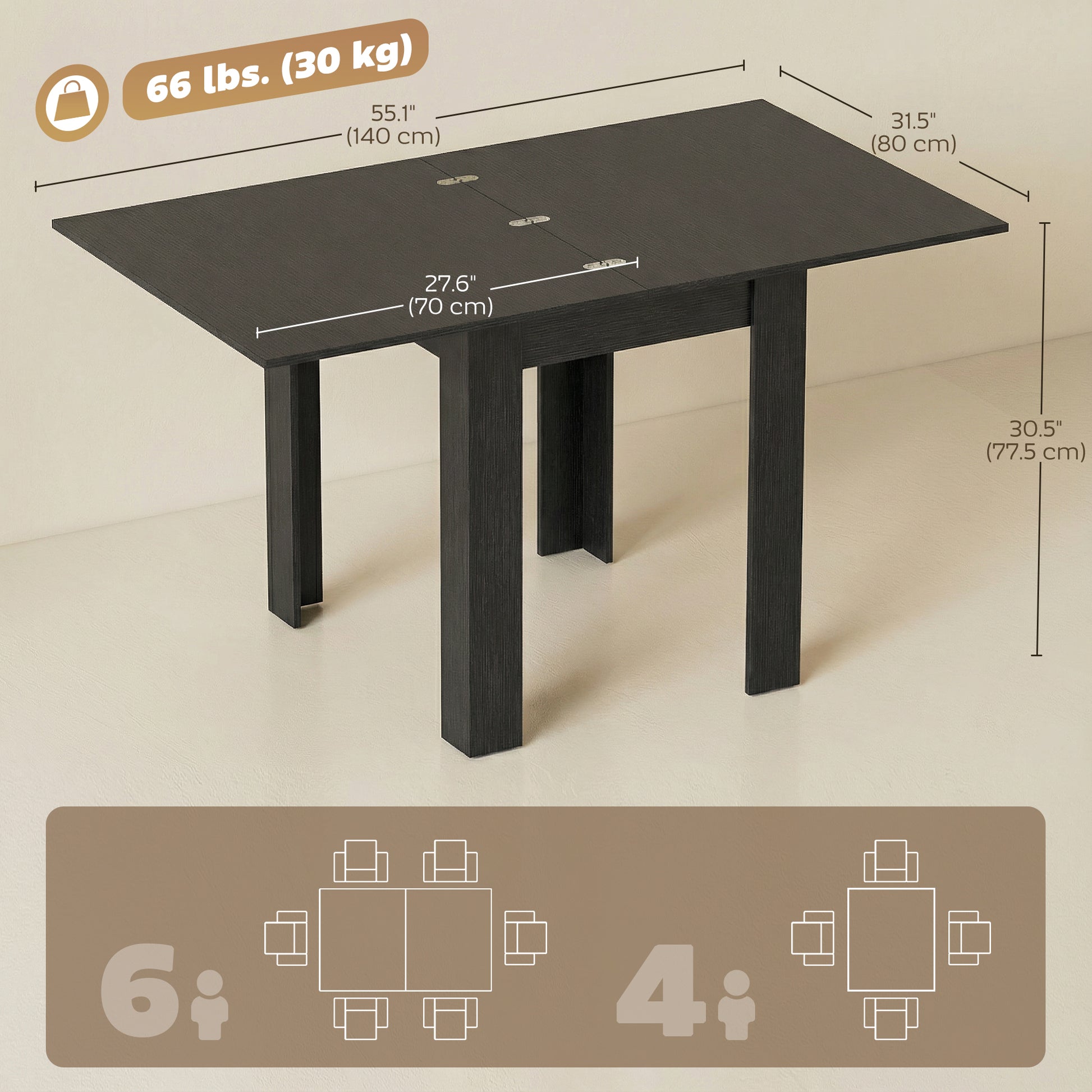 55" Extendable Dining Table for 4-6, Kitchen Table with Steel Slides and Felt Pads for Small Spaces, Black