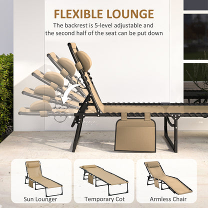 Outdoor Folding Chaise Lounge, Reclining Lounge Chair with Adjustable Backrest and Removable Pillow, Beige