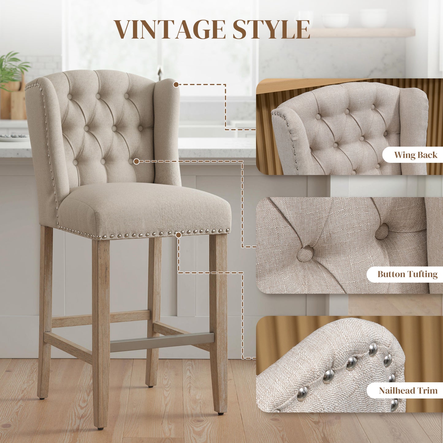 Counter Height Bar Stools Set of 2, Upholstered Bar Chairs with Nailhead Backrest and Footrest, Modern Barstools for Kit