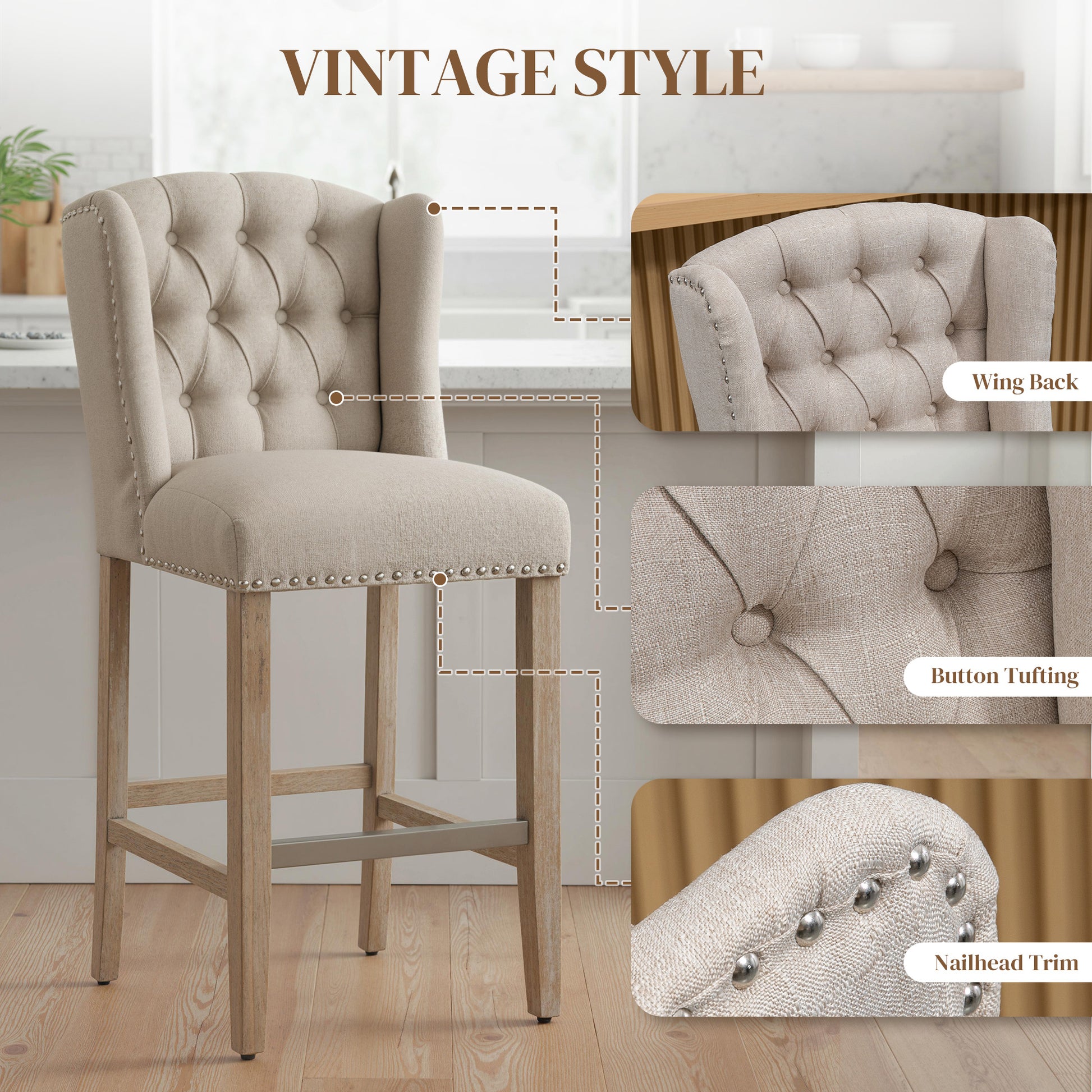 Counter Height Bar Stools Set of 2, Upholstered Bar Chairs with Nailhead Backrest and Footrest, Modern Barstools for Kit