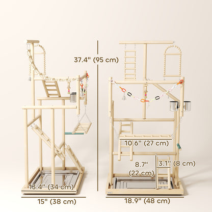 Bird Playground, 4 Layer Wooden Play Stand with Ladders, Chain Toy, Stainless Steel Cups and Tray for Small Birds