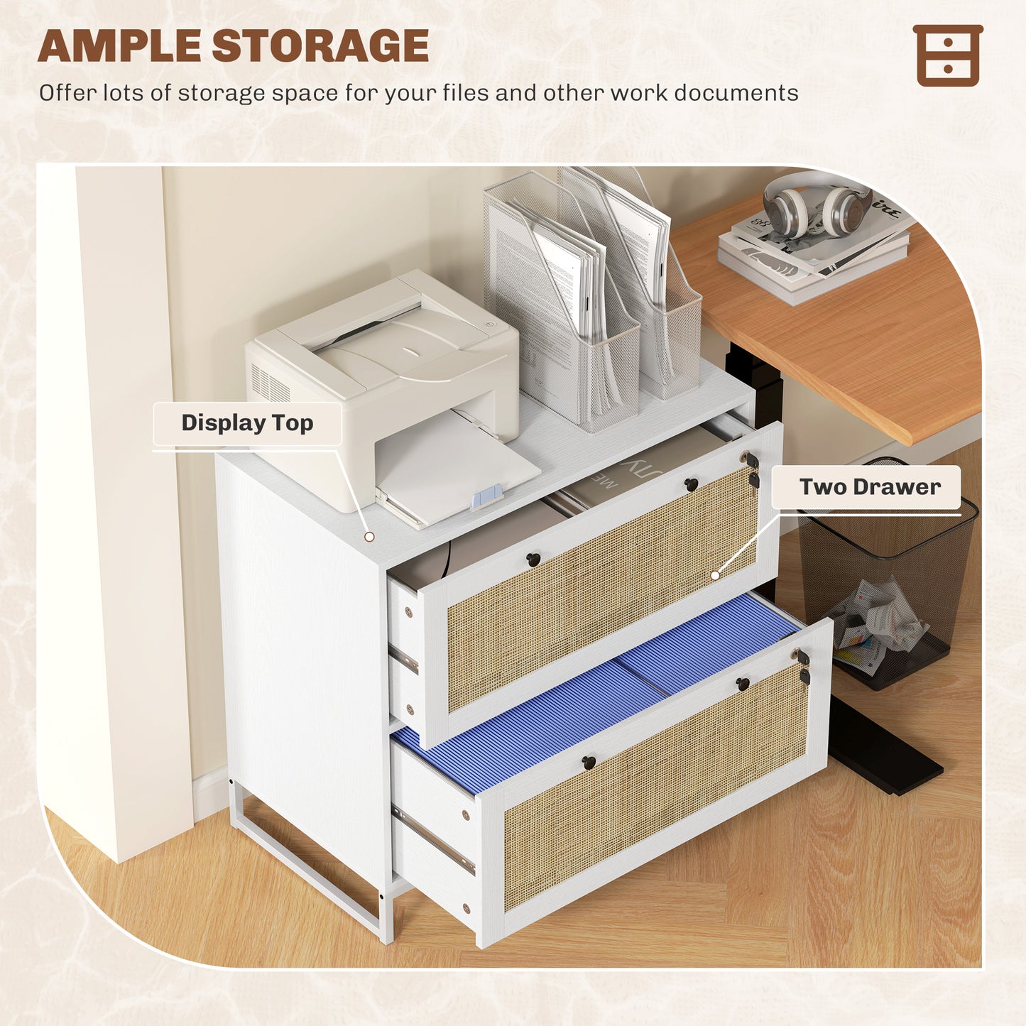 2-Drawer Filing Cabinet with Lock, Rattan File Cabinet with Adjustable Hanging Bar, White