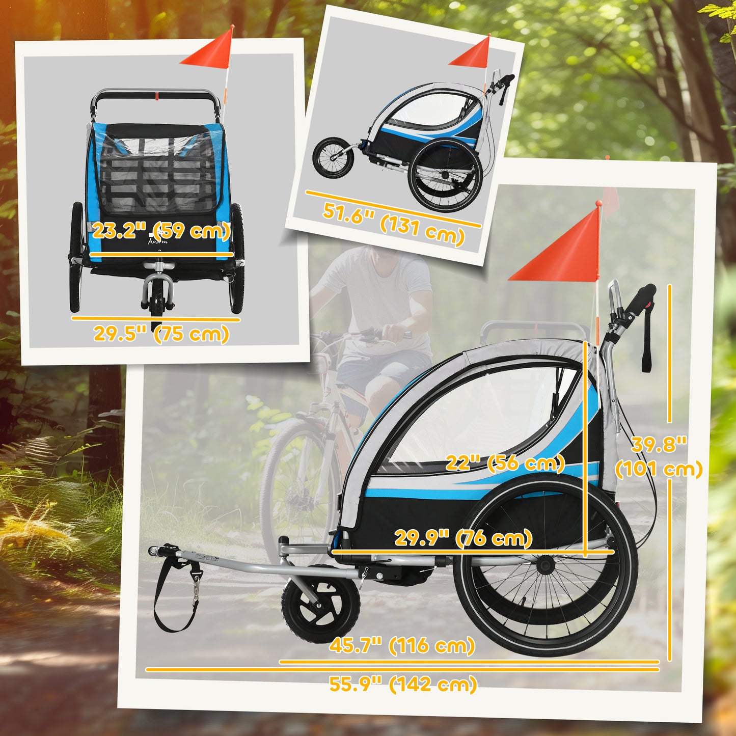 VarietyKart 3-in-1 Bike Trailer for Kids, Running Stroller with 2 Seats, Jogging Cart with 5-Point Harness, Storage Unit