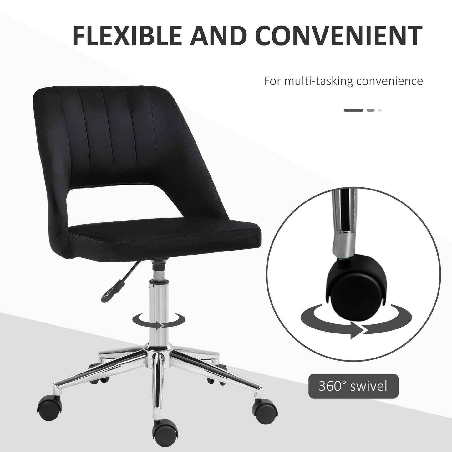 Mid Back Office Chair Velvet Fabric Swivel Scallop Shape Computer Desk Chair, Black