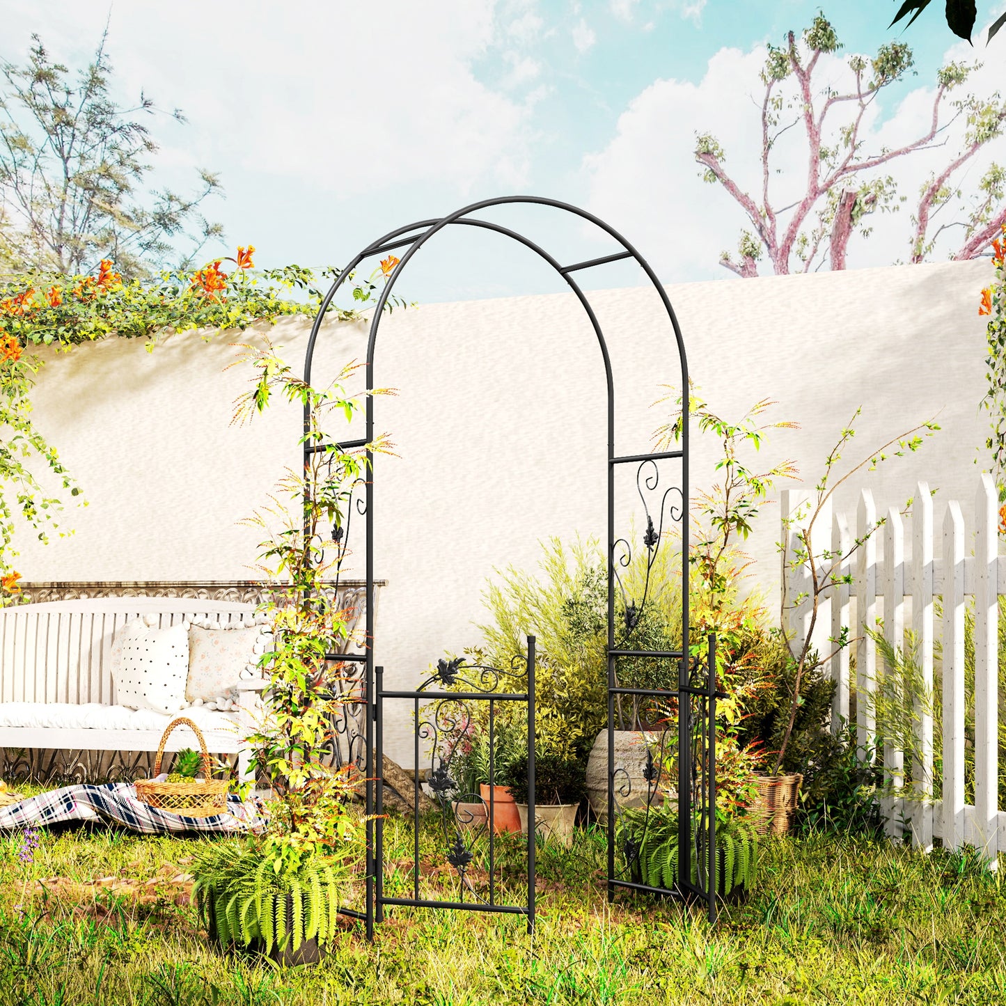 7ft Steel Garden Arch with Gate, Garden Arbor Trellis for Climbing Plants, Roses, Vines, Wedding Arch for Outdoor, Garde