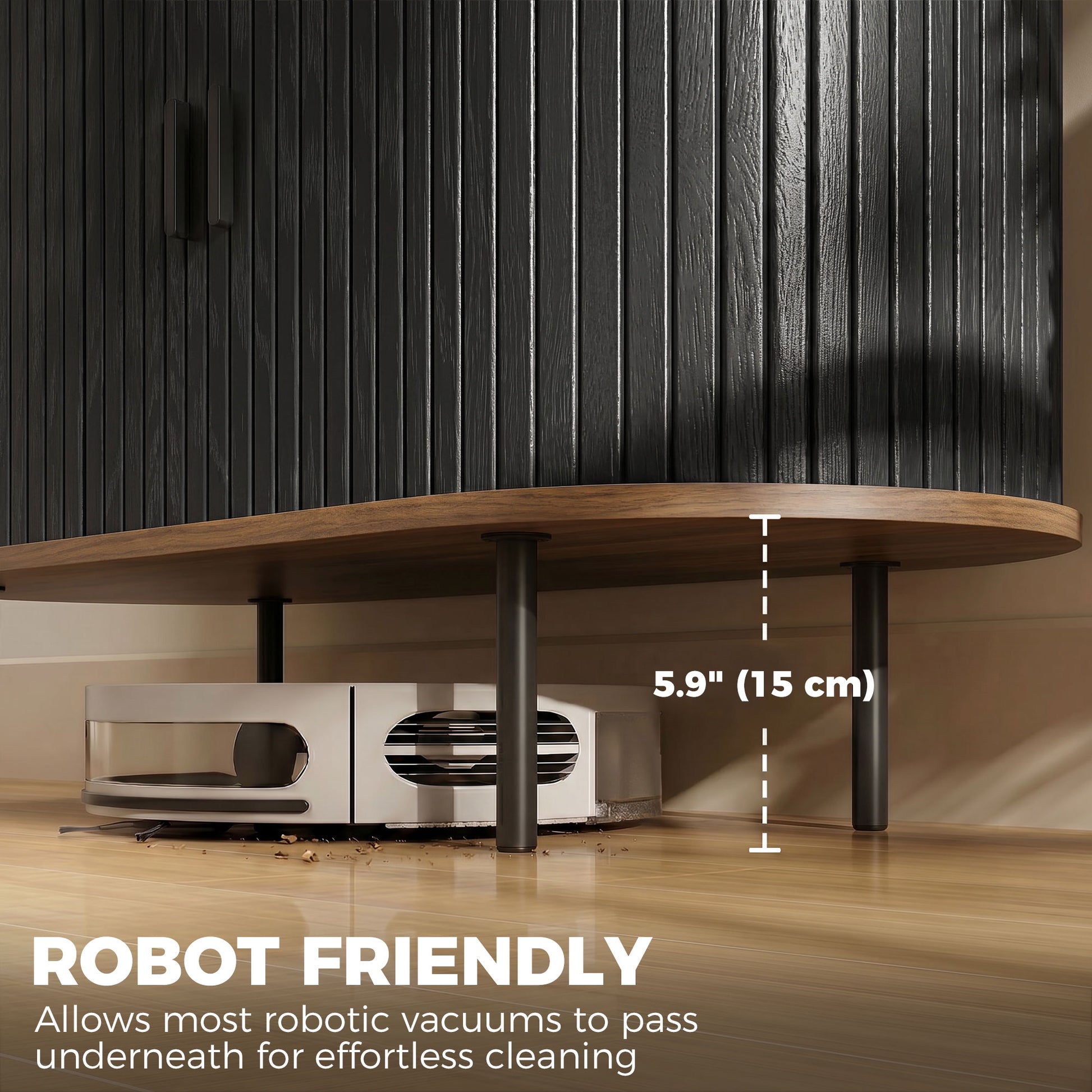 Sideboard Buffet Cabinet with Curved Tambour Doors and Storage, Brown Wood Grain