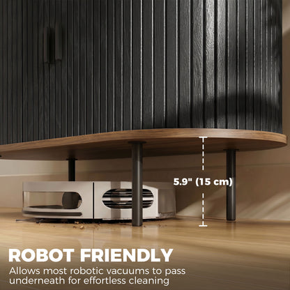 Sideboard Buffet Cabinet with Curved Tambour Doors and Storage, Brown Wood Grain