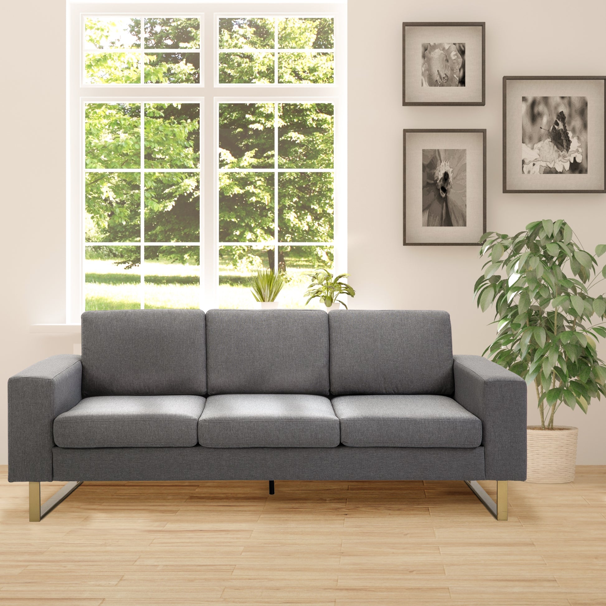 3 Seater Sofa, Linen Upholstered Cozy Padded Couch with Steel Leg, Backrest and Wide Armrest, for Living room, Bedroom, 