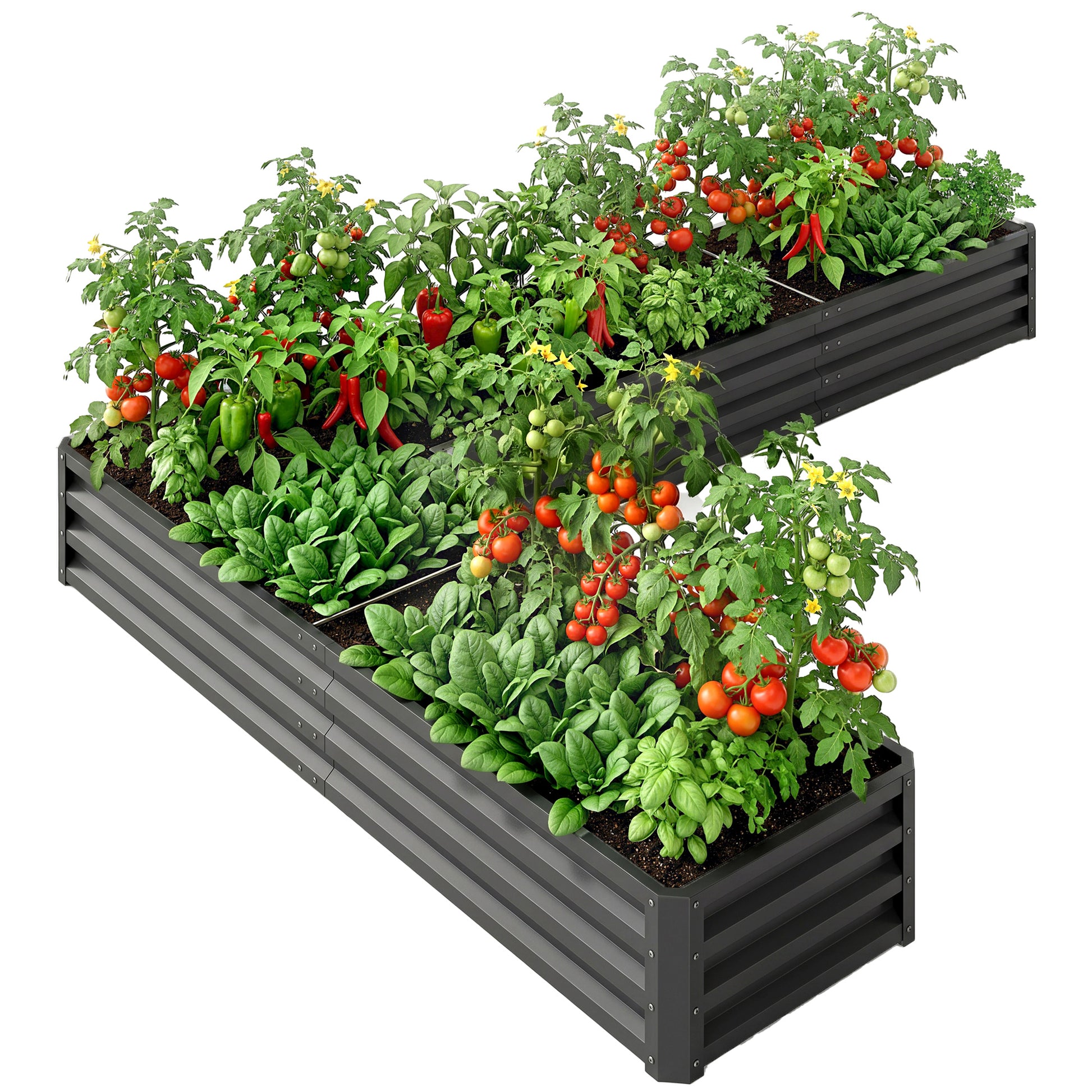 L-Shaped Raised Garden Bed, 82" x 109" x 12" Galvanized Steel Planter Box with Multi-reinforced Rods for Vegetables, Flo