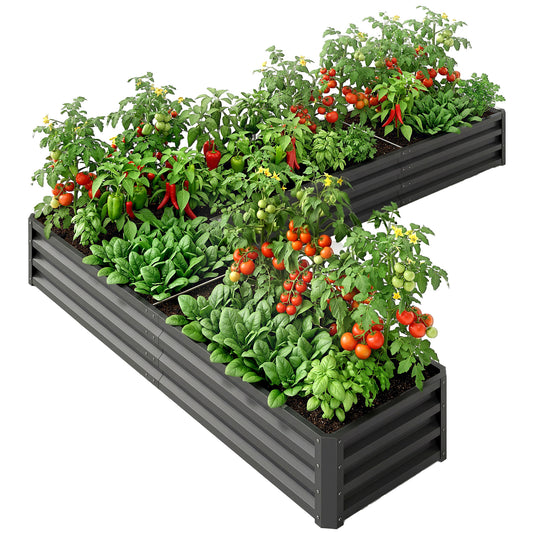 L-Shaped Raised Garden Bed, 82" x 109" x 12" Galvanized Steel Planter Box with Multi-reinforced Rods for Vegetables, Flo
