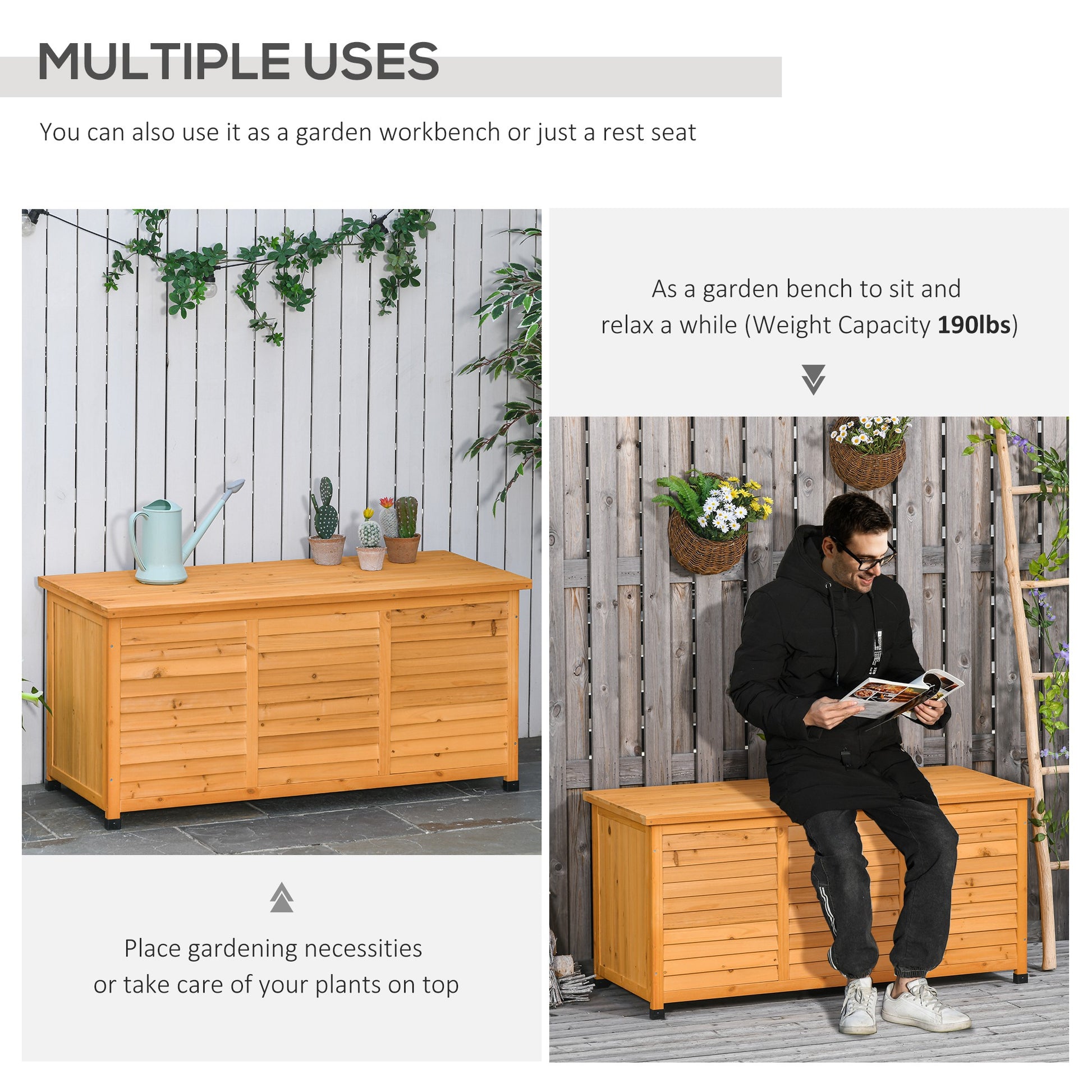 75 Gallon Wooden Storage Box patio Deck Box Bench, Garden Backyard Outdoor Storage Container with Aerating Gap & Weather