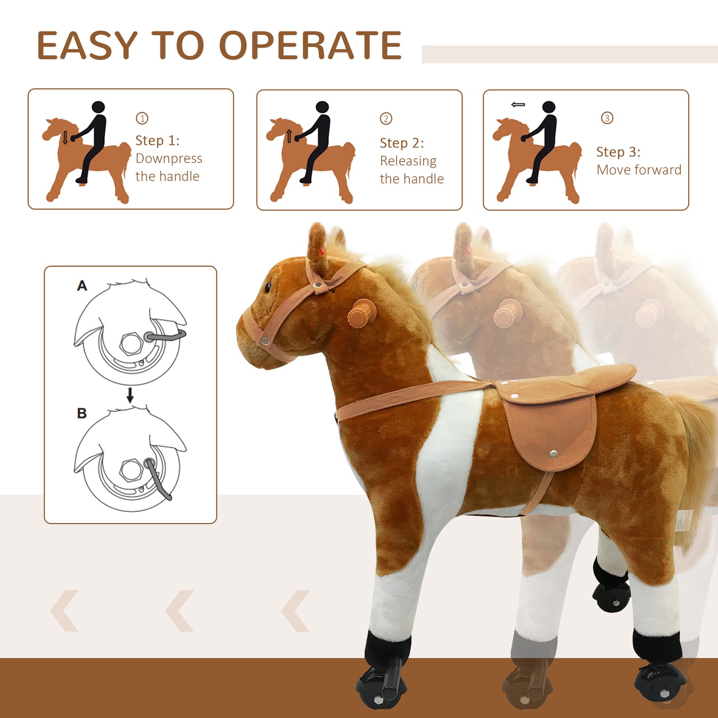Qaba Kids Rocking Horse, Large Walking  Ride on Toy  for Toddlers 3 year old, Baby Plush Animal Rocker with Sound and Wh