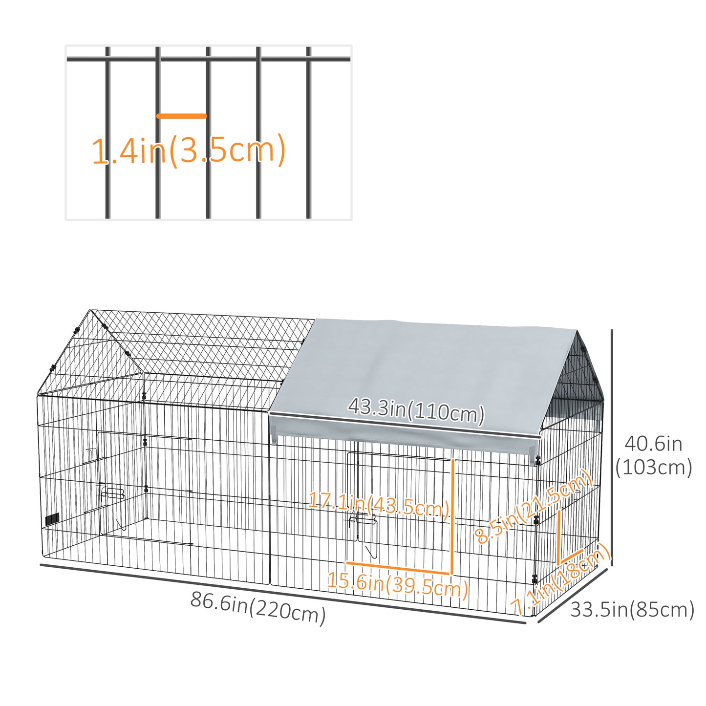 87" Small Animal Cage with Roof, Indoor/Outdoor Use,  for Chicken, Rabbits, Chinchillas, Silver