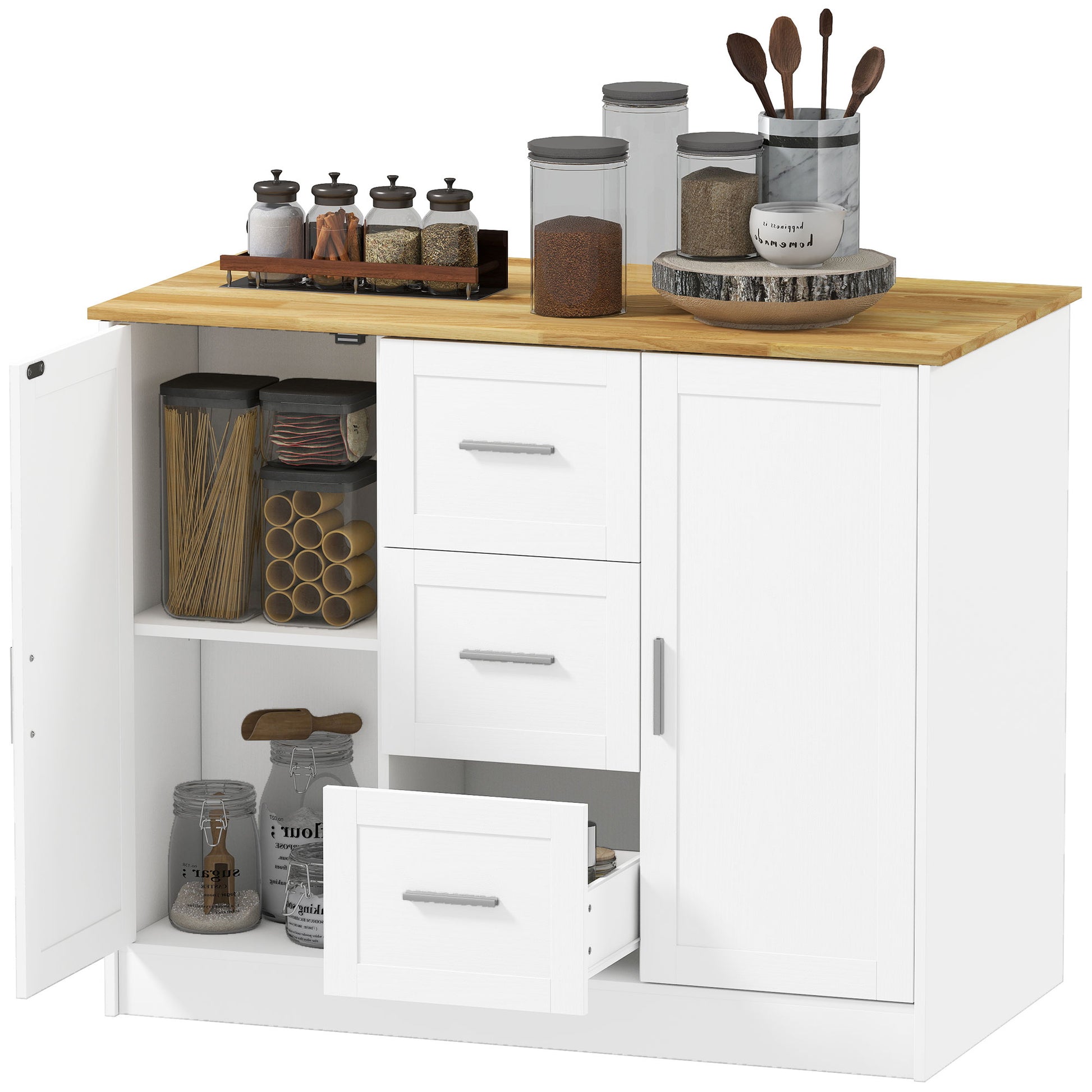 Kitchen Island with Storage Cabinets, 3 Drawers, 2 Adjustable Shelves and Sitting Space for Dining Room, White