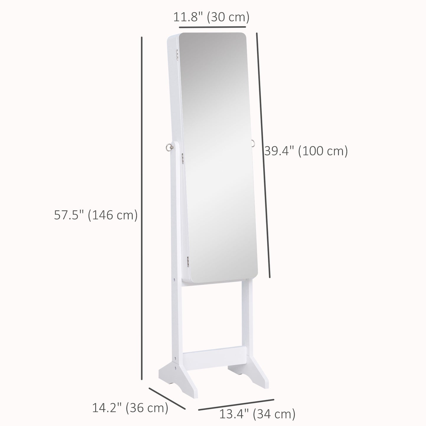 Freestanding Mirror Jewelry Cabinet Armoire, LED Lighted Jewelry Organizer with Stand, Angle Adjustable, White