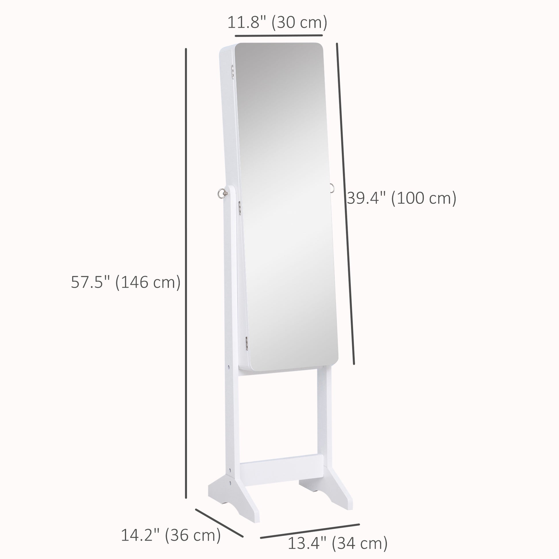 Freestanding Mirror Jewelry Cabinet Armoire, LED Lighted Jewelry Organizer with Stand, Angle Adjustable, White
