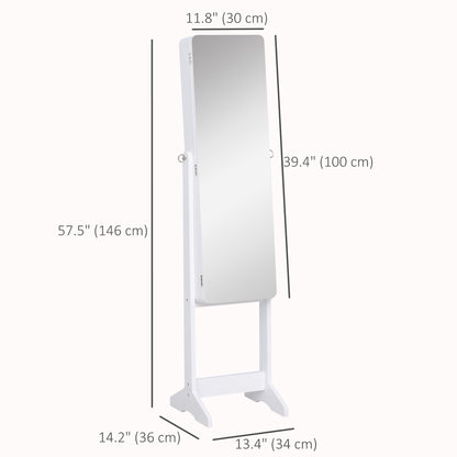 Freestanding Mirror Jewelry Cabinet Armoire, LED Lighted Jewelry Organizer with Stand, Angle Adjustable, White
