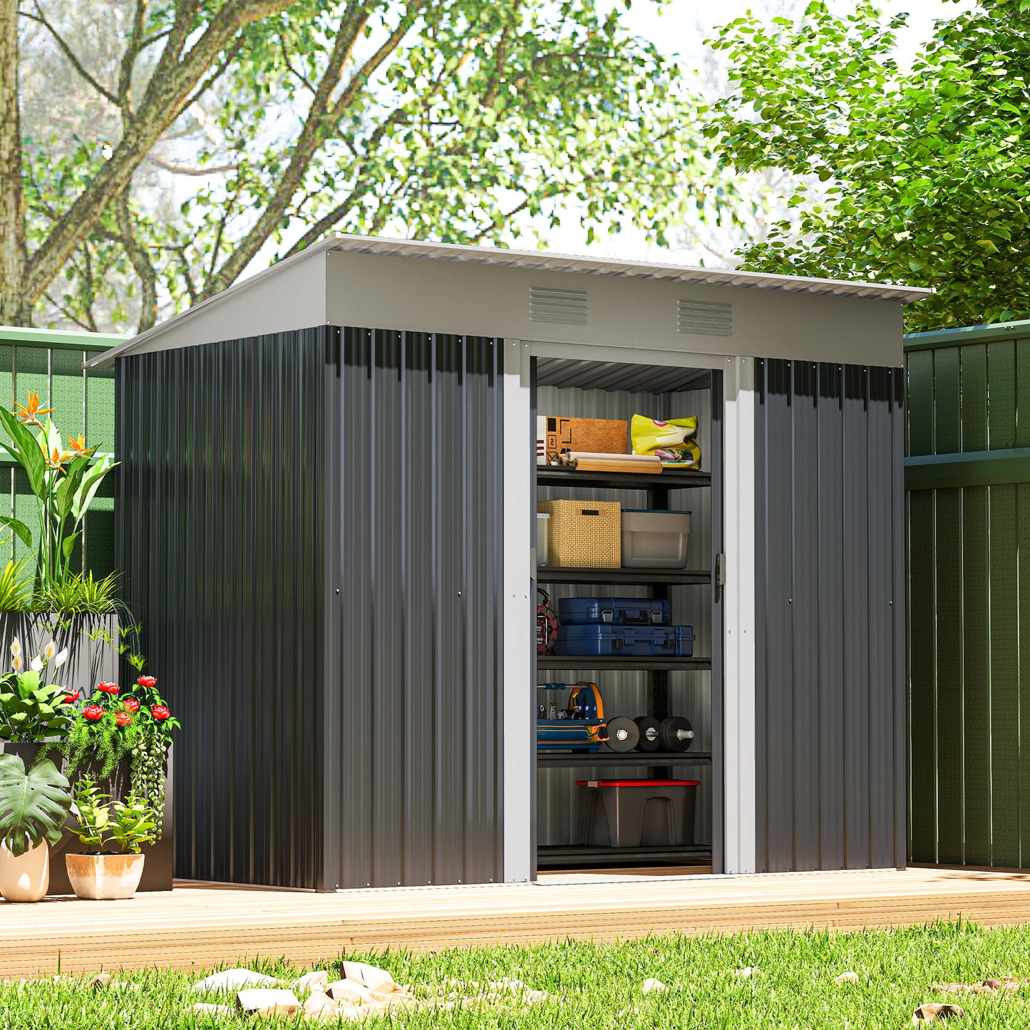 7' x 4' Outdoor Storage Shed, Metal Garden Tool Storage House Organizer with Lockable Sliding Doors and Vents for Backya