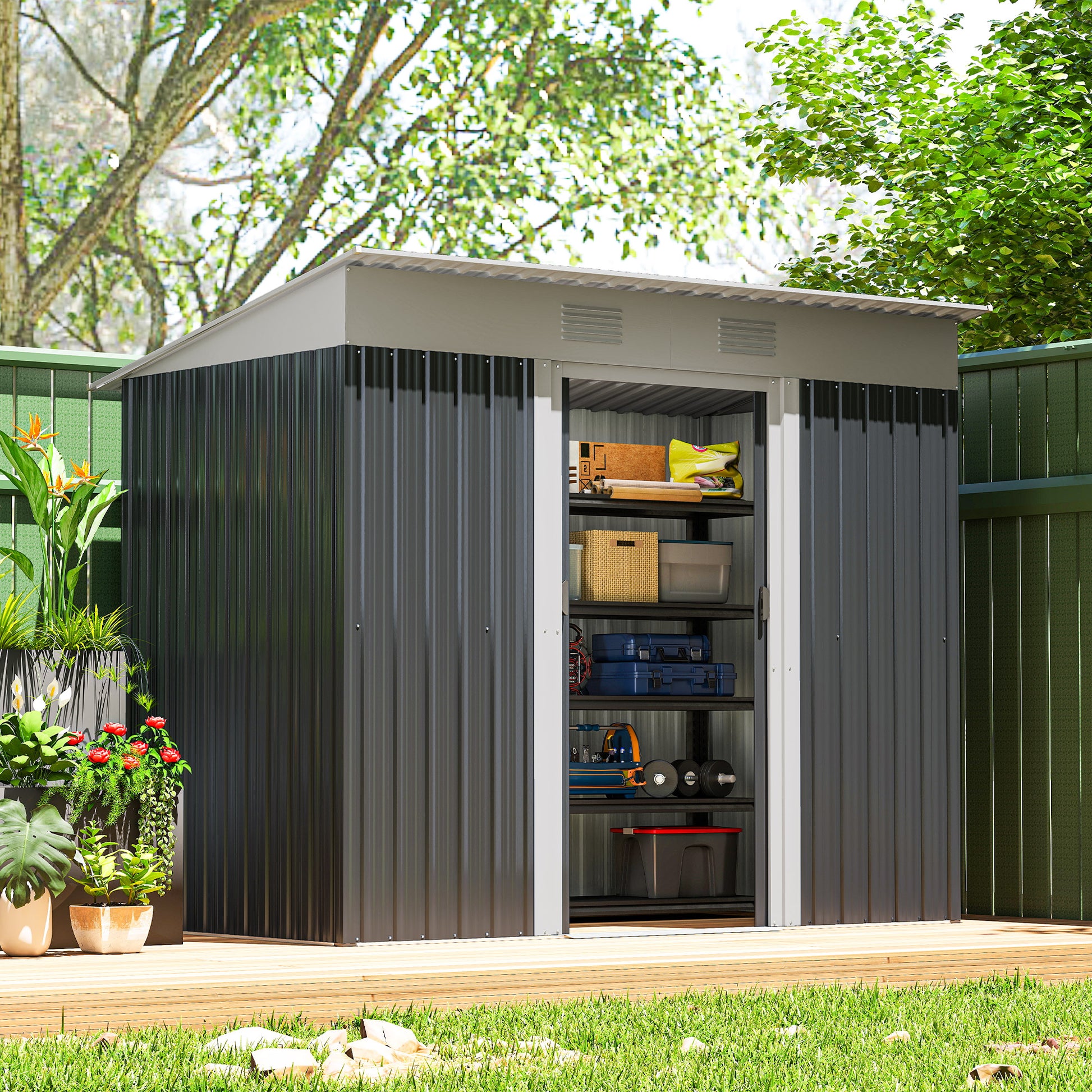 7' x 4' Outdoor Storage Shed, Metal Garden Tool Storage House Organizer with Lockable Sliding Doors and Vents for Backya