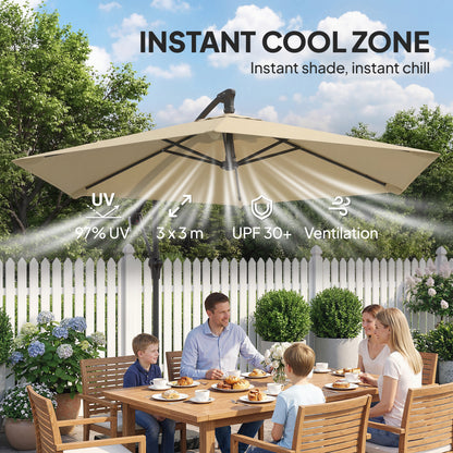 9.7 ft Offset Patio Umbrella with Water/Sand Fillable Weights, Garden Hanging Parasol with Locking Latch, Khaki