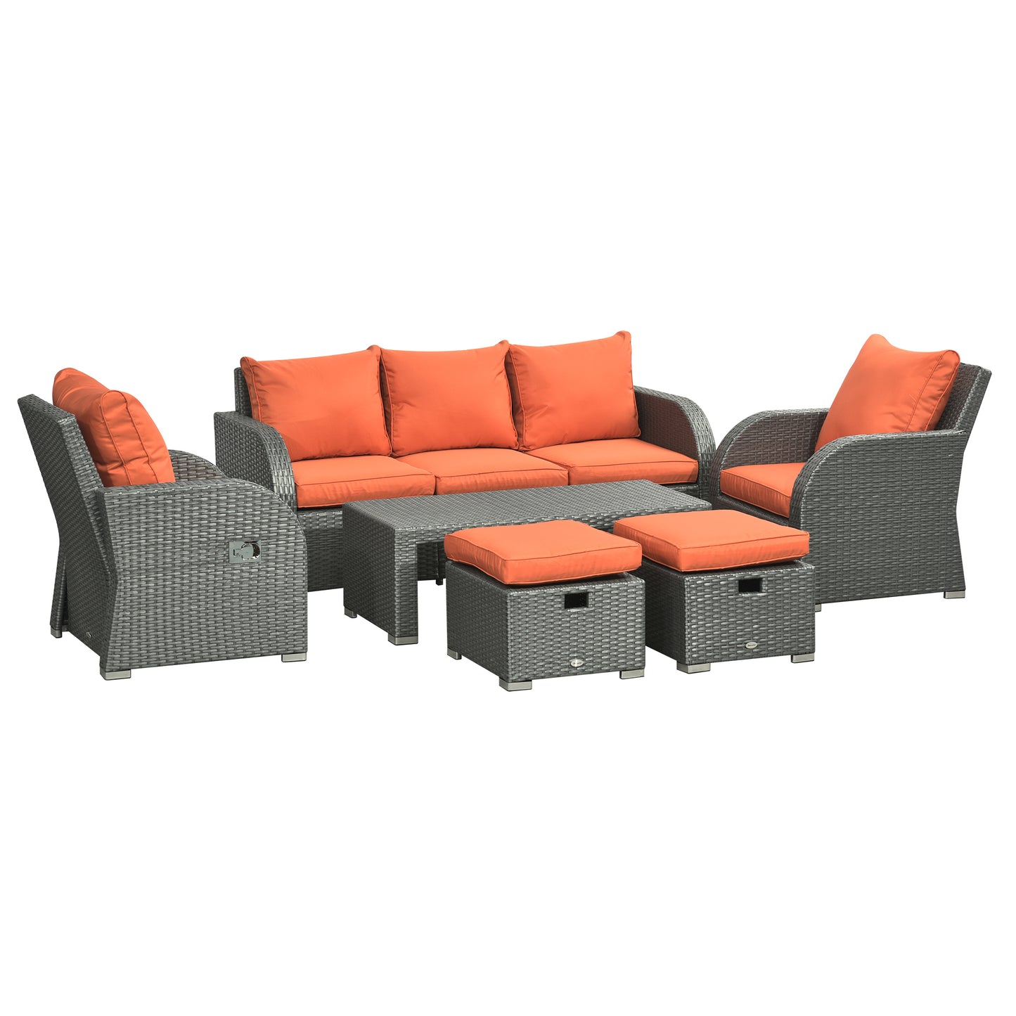 6 Pieces Patio Furniture with 2 Recliner Chairs, PE Wicker Sectional Furniture Conversation Set with a 3-Seat Sofa, 2 Fo