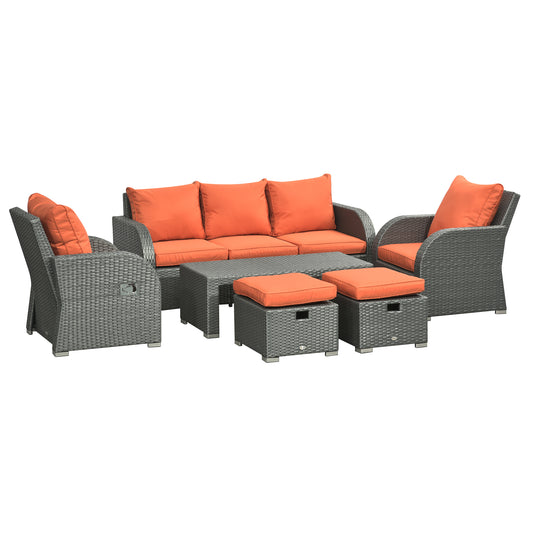 6 Pieces Patio Furniture with 2 Recliner Chairs, PE Wicker Sectional Furniture Conversation Set with a 3-Seat Sofa, 2 Fo