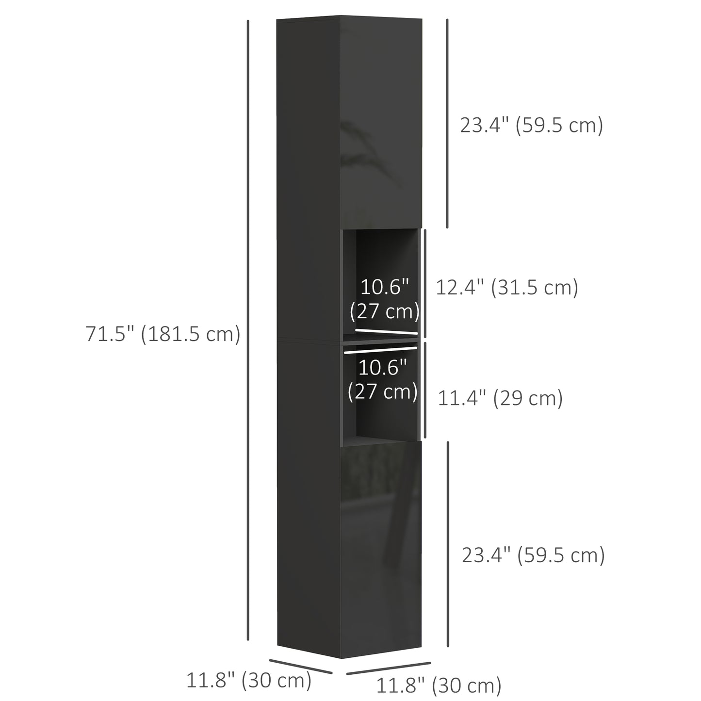 Tall Bathroom Cabinet, High Gloss Storage Cabinet with Doors and Adjustable Shelves, 11.8" x 11.8" x 71.5", Black