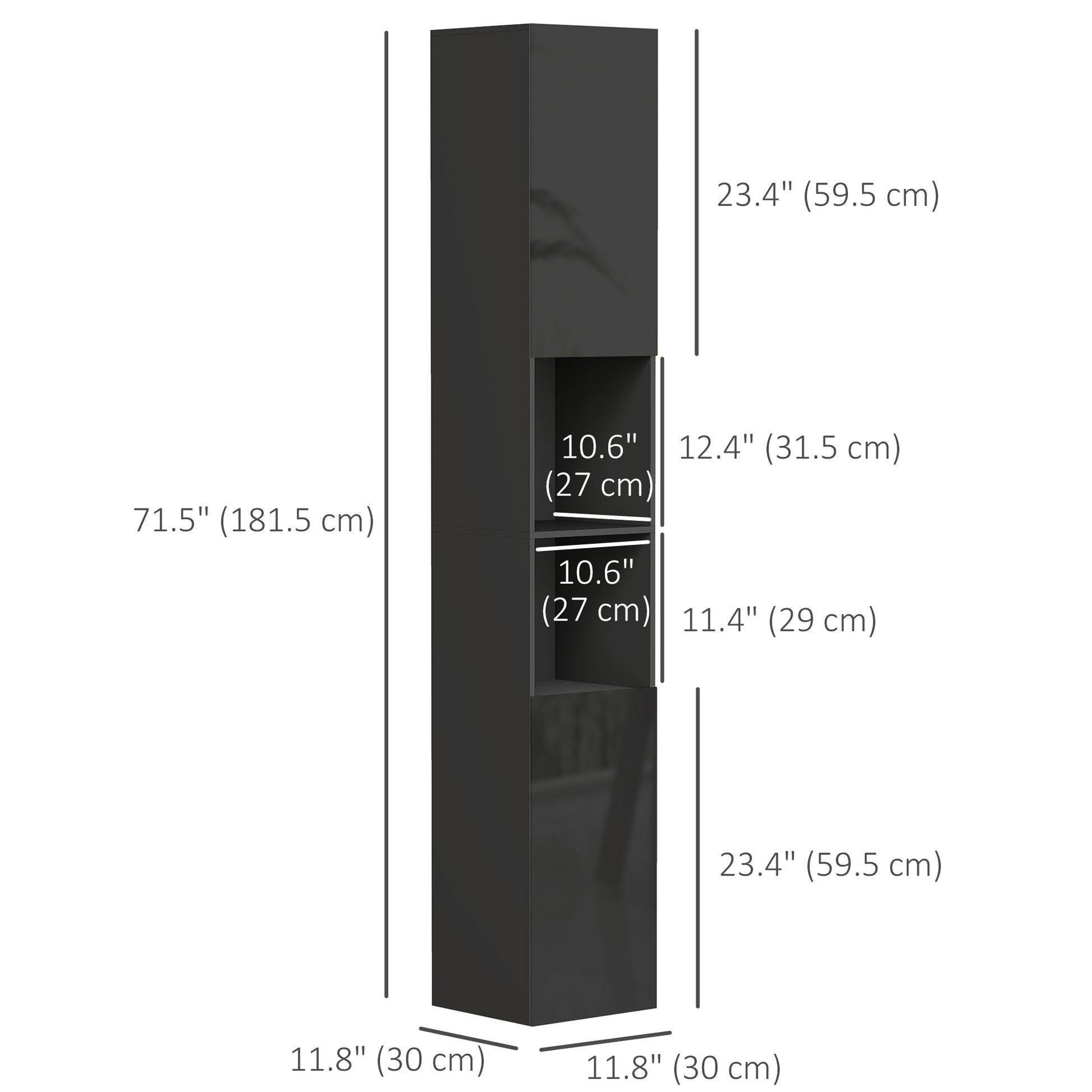 Tall Bathroom Cabinet, High Gloss Storage Cabinet with Doors and Adjustable Shelves, 11.8" x 11.8" x 71.5", Black