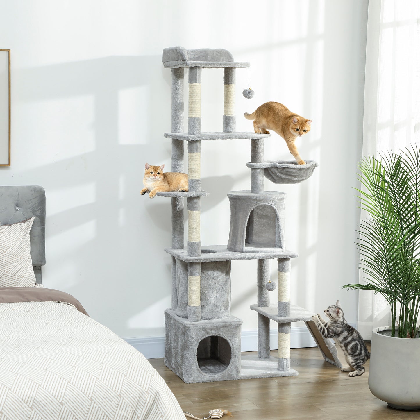 67" Large Cat Tree with 7 Scratching Posts, Tunnel, 2 Condos, Hammock, Perch, Ramp, Pompoms, Light Grey