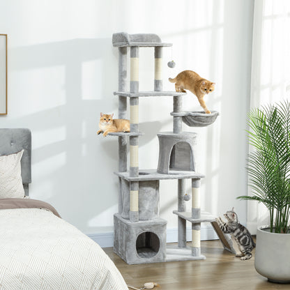 67" Large Cat Tree with 7 Scratching Posts, Tunnel, 2 Condos, Hammock, Perch, Ramp, Pompoms, Light Grey