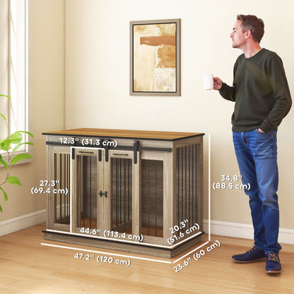 47in Dog Crate Furniture with Divider Panel, Wooden Dog Kennel TV Stand for Large Dogs, Pet House Side Table for 2 Small