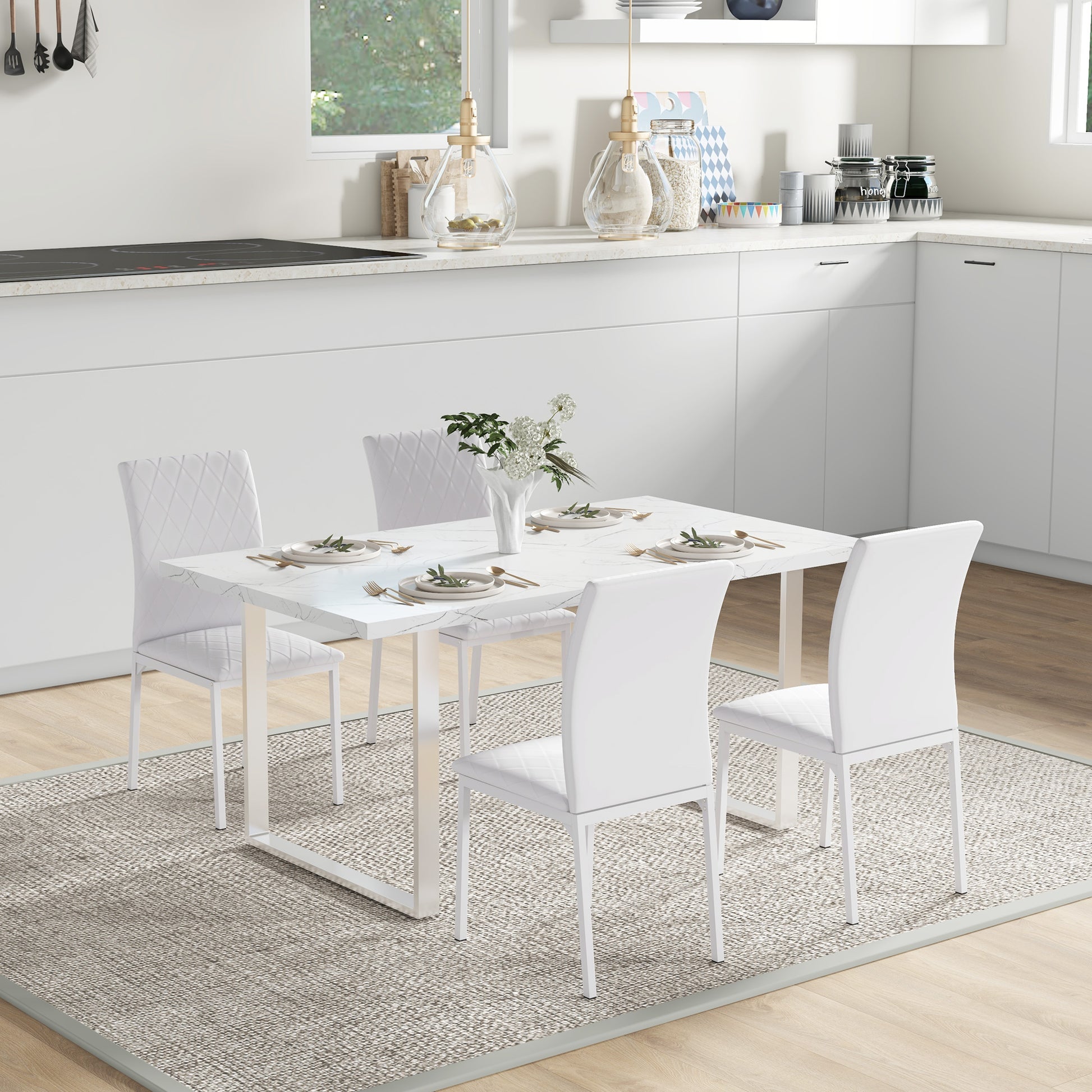 Modern Dining Chairs Set of 4, Upholstered Faux Leather Kitchen Chairs with Rhombic Tufting and Metal Legs for Living Ro