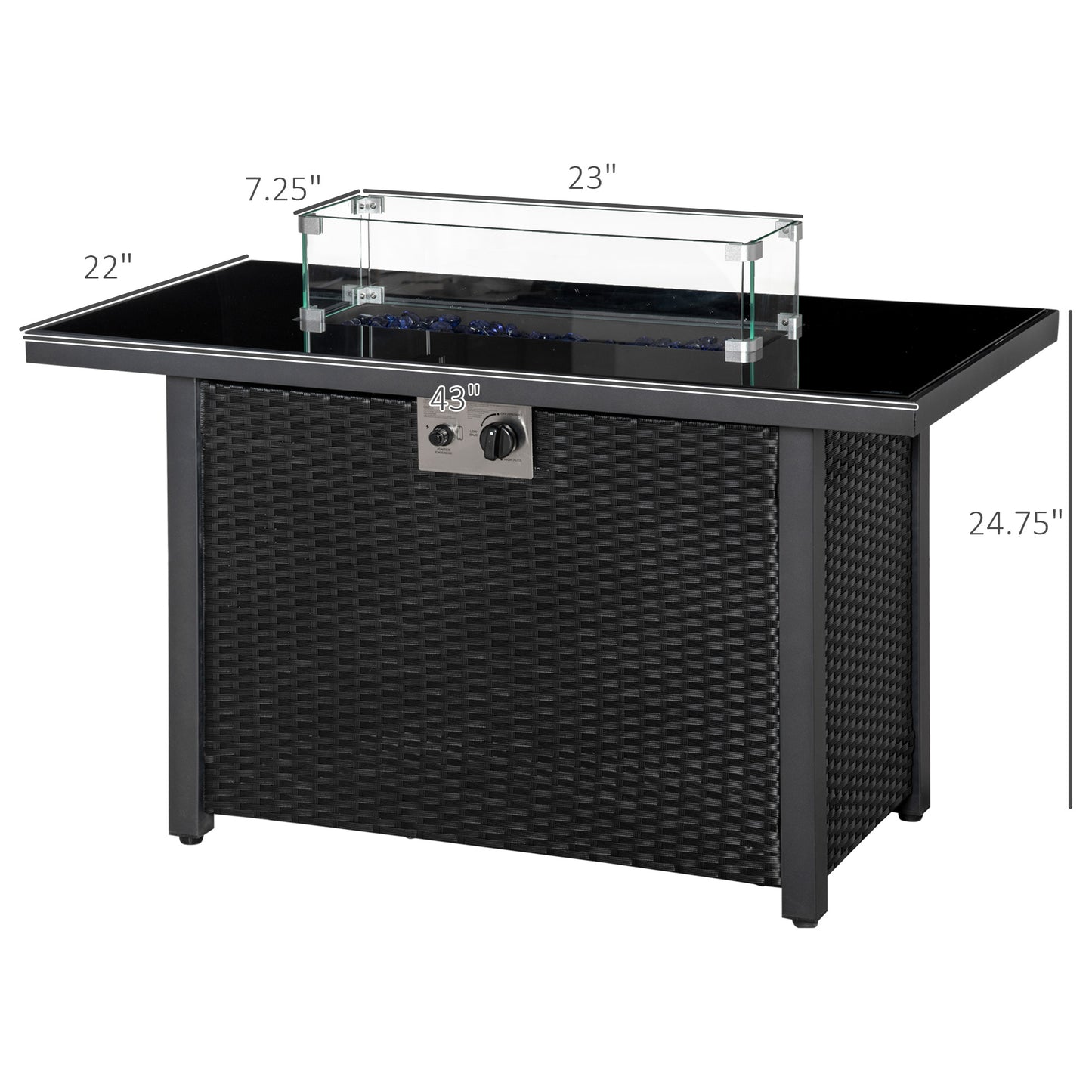 Propane Fire Pit Table 43in Outdoor Fire Table, 50,000 BTU Pulse-Ignition Wicker Firepit Furniture with Glass Wind Guard