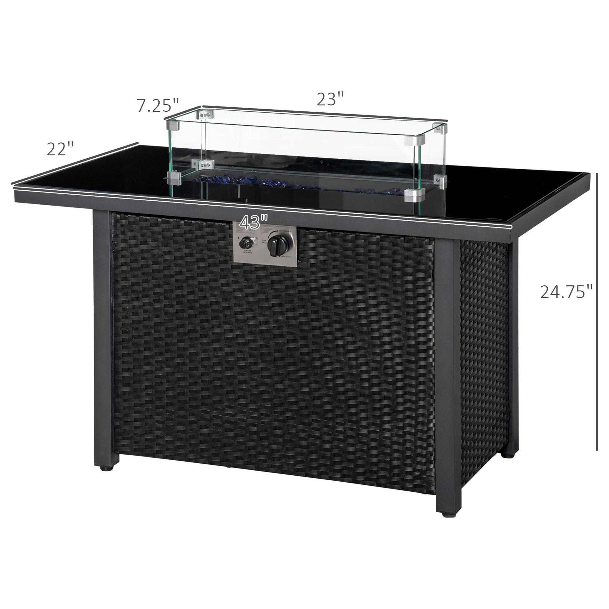 Propane Fire Pit Table 43in Outdoor Fire Table, 50,000 BTU Pulse-Ignition Wicker Firepit Furniture with Glass Wind Guard