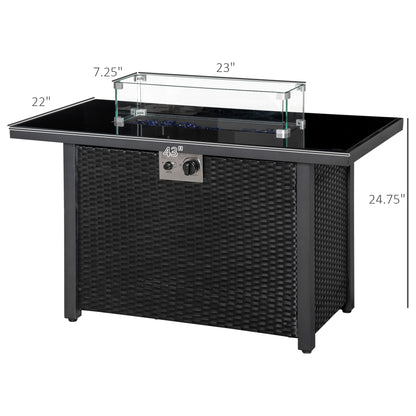 Propane Fire Pit Table 43in Outdoor Fire Table, 50,000 BTU Pulse-Ignition Wicker Firepit Furniture with Glass Wind Guard