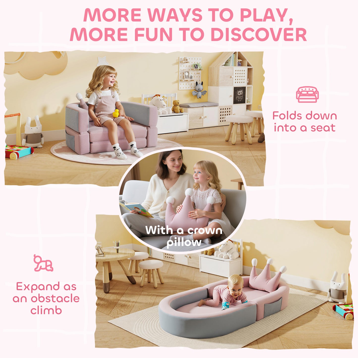 Qaba 3-in-1 Convertible Climbing Toys for Toddlers with Crown Cushion, Fold Out Toddler Couch to Lounger & Play Area, Pi