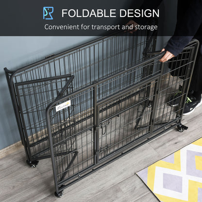 Folding Heavy Duty Dog Crate Heavy Duty Cage for Large Sized Dogs with Double Doors, Lockable Wheels Tray, 43" x 28" x 3