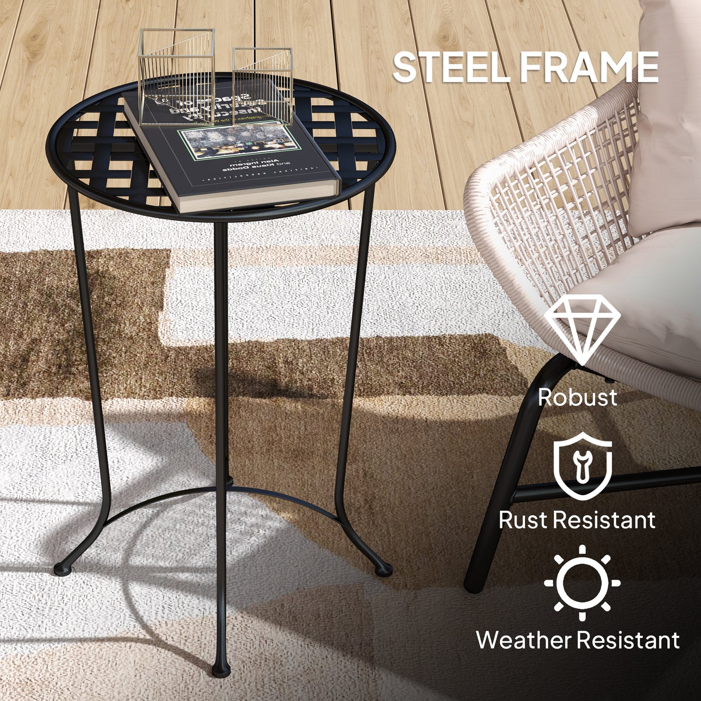 16" Round Outdoor Table, Small Patio Side Table, Metal End Table Plant Stand with Grid Top for Indoor, Garden, Black